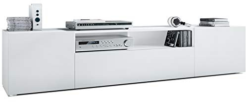Vladon Lowboard Mogan, TV-Kommode mit 2 Türen, 1 Klappe und 1 offenes Fach, Weiß matt/Weiß matt (181 x 39 x 35 cm)