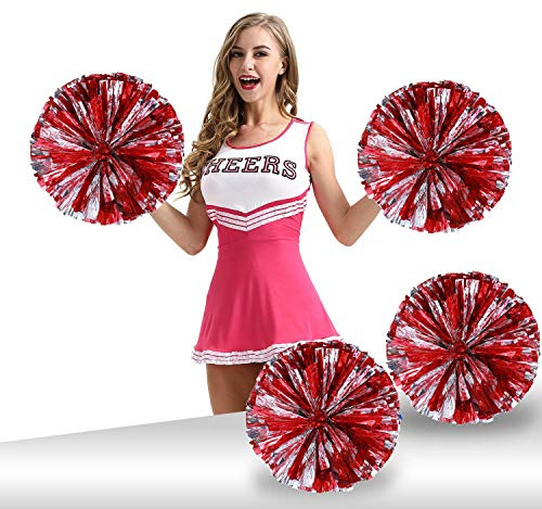 Ueerdand Pack of 4 Cheerleading Pom Poms Foil Plastic Metallic Cheerleader Pom Poms for Cheer Sport Kids Adults Team Spirit Cheering (Red/Silver)