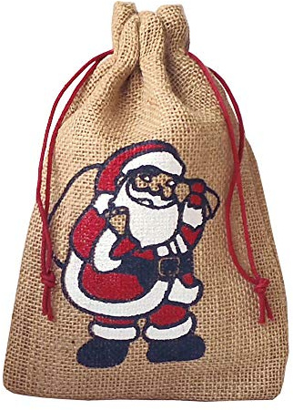 | 3 naturfarbene Jutebeutel, Jutesäcke mit farbigem Weihnachtsmann Motiv, Nikolaus, Geschenkverpackung, Weihnachten, Dekoration, Santa Claus, Geschenk, Advent, Winter, Weihnachtsfest (50x40 cm)