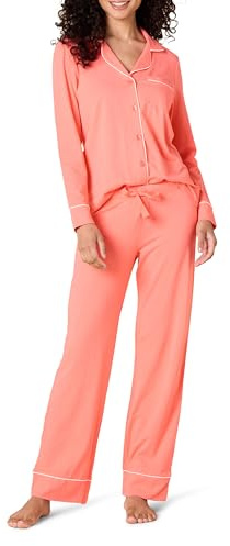 Amazon Essentials Women's Cotton Modal Long Sleeve Shirt Full Length Pant Pajama Set, Coral Pink, X-Large