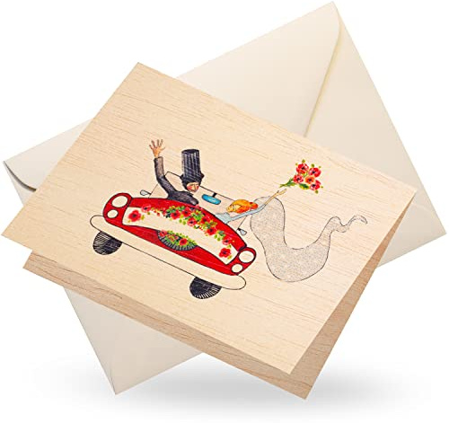 Cozywood Hochzeitskarte aus echtem Holz, Hochzeitsgeschenk, Holzkarte Just Married, Glückwunschkarte, Geldgeschenkkarte, hochwertige Wedding Card, Flitterwochen Auto