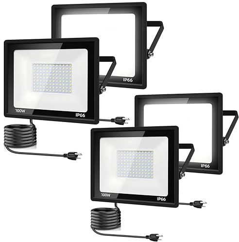 STARFISHHOME 4Pack-100W LED Flood Light Outdoor,11000LM LED Work Light with US Plug,6000K Daylight White,IP67 Waterproof Outdoor Floodlights for Yard,Garden,Playground