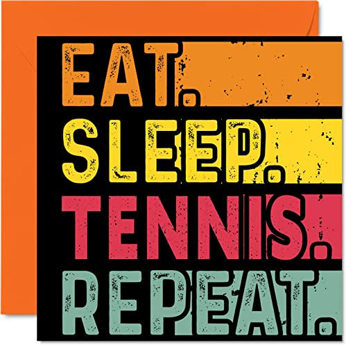 Geburtstagskarte lustig Sie oder Ihn, Essen Schlafen Tennis Wiederholung | Happy Birthday Cards Spieler Sportliebhaber Geschenke 145 mm x 145 mm Geburtstagskarten alle Anlässe Kinder oder Erwachsene