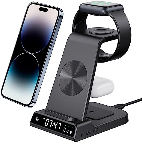 Estación de Carga inalámbrica 3 en 1 con Reloj Digital, Cargador Inalámbrico rápido de 18W para iPhone 15 14 13 Serie, Base de Carga para Air pods Pro 2, Wireless Charger para Apple Watch 9