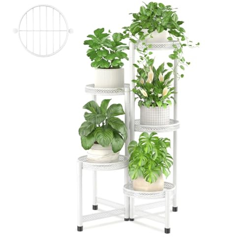 iDavosic.ly Pflanzenständer Blumenständer Eisen, 5 Etagen, Weiß | Plant Stand Pflanzenregal Blumenregal Indoor Outdoor, Mehrstöckig Pflanzentreppe für Wohnzimmer Balkon Terrasse Garten Hof