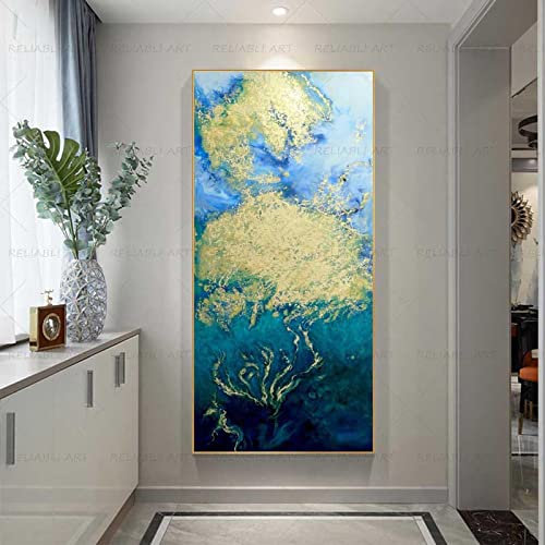 Modernes großes großes Leinwand-Wand-Kunst-abstraktes grünes Blattgold-Leinwand-Kunst-Mode-blaues Plakat und Druck-Wand-Bild für Wohnzimmer 95x190cm/(38x75inch) mit Rahmen