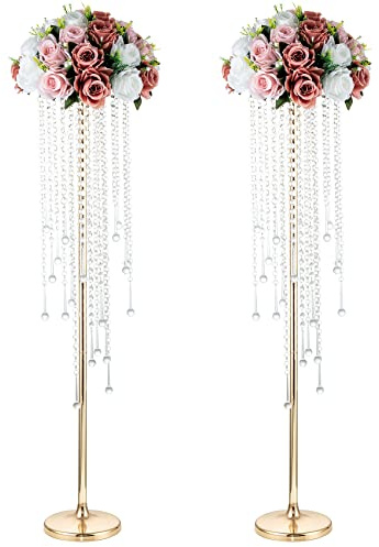 NUPTIO Hochzeit Vasen Tafelaufsätze 2 Stück 100cm Hohe Goldene Vase für Blumen Kristall Blumenständer Metall Hochzeiten Tafelaufsätze für Geburtstag Party Jubiläum Gang Wohnzimmer Dekoration