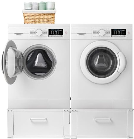 Vonia lave-linge surélevé - Support pour lave-linge avec tiroir intégré - Double - Blanc