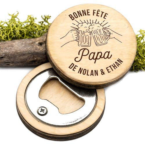 Décapsuleur rond personnalisé en bois à offrir pour la fête des pères, bonne fête papa, tonton, papi, parrain, idée cadeau, aimanté, acier inoxydable, ouvre-bouteille
