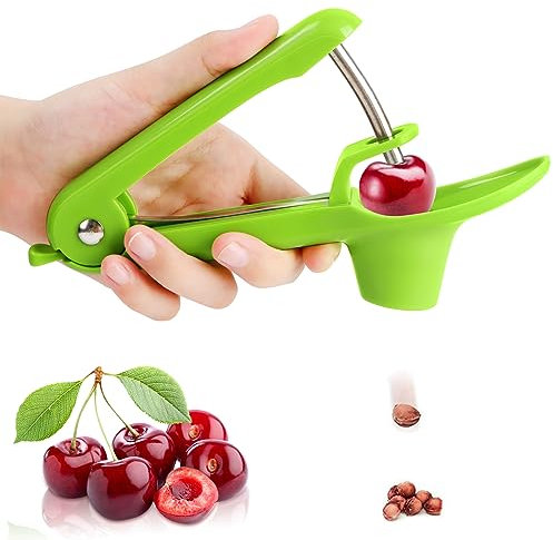Deshuesador de cerezas con diseño de cuchara, removedor de huesos de cereza de acero inoxidable, deshuesador de cerezas con soporte de silicona de calidad alimentaria, descorazonador de cerezas para