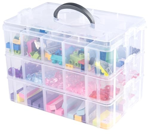 Anstore Storage Box with Compartments, Reinforced 3-Tier Clear Plastic Craft Storage Box with Lids, Practical Sorting Box for Crafts, Jewelry, Toy building blocks(Medium)