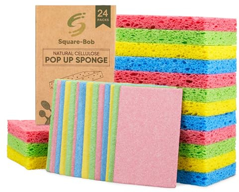 Compressed Non-Scratch Kitchen Sponges - Highly Absorbent for Dishes, Countertop, Sink, Car - Biodegradable, Quick Drying Cellulose Sponges - Assorted Colors (Pack of 24)