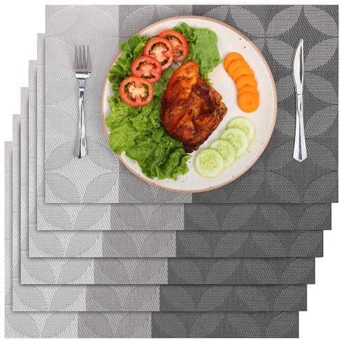 Belle Vous 6 Pack of Grey Star Design Placemats - PVC Non-Slip, Tear-Resistant & Washable Place Mats - Easy to Clean, Heat Resistant & Waterproof Table Mats for Kitchen, Dining Table and Restaurant