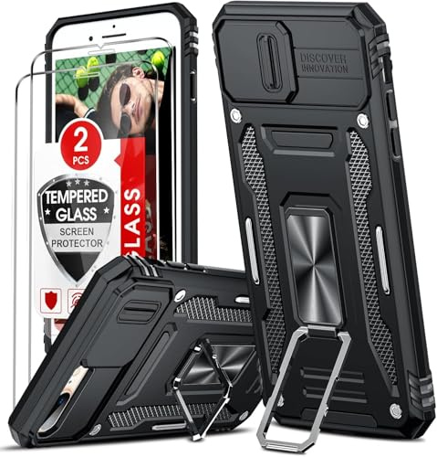 LeYi Kameraschutz Hülle für iPhone 7 Plus/8 Plus Handyhülle [2 Glasfolie Schutzfolie], Militär Standard Handy Hüllen Ständer Schutzhülle Kamera Schutz Schiebeabdeckung Case Schwarz