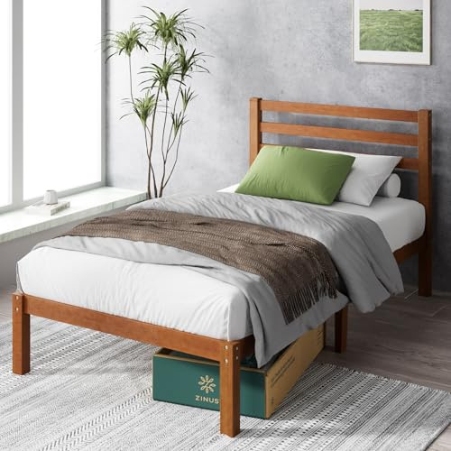 Zinus Leah - Letto 90 x 200 cm, altezza 35 cm, con sottovaso - Piattaforma in bambù e legno, con testiera, colore: Marrone
