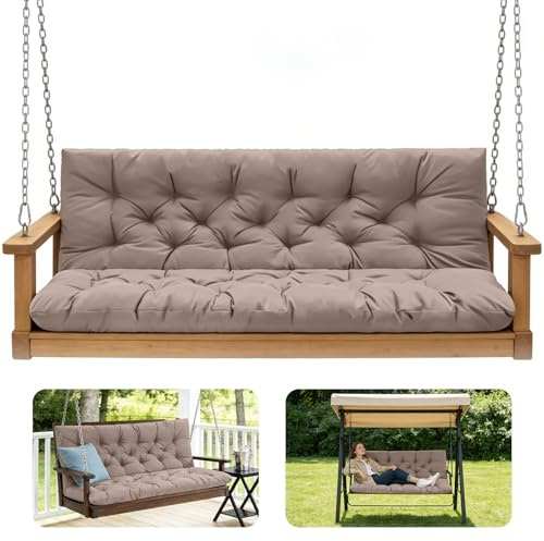 GPQAWER Outdoor Swing Cushions,Waterproof Swing Cushions 3 Seater Replacement with Backrest,Outdoor Thickened Bench Cushion with Ties for Porch,Patio,Backyard,Garden and Lawn (Khaki 60 * 40 in)