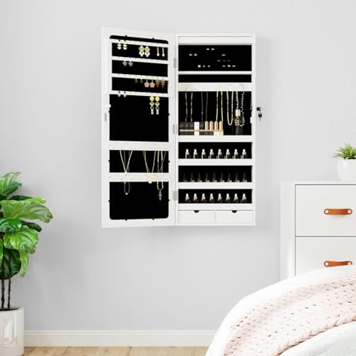 ARKEM Spiegel-Schmuckschrank mit Beleuchtung Wandmontage Weiß Kosmetik Schmuckaufbewahrung Organizer SchmuckstäNder