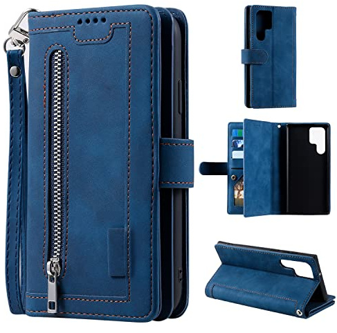 EYZUTAK Handyhülle für Samsung Galaxy S24 Ultra,Flip Case Lederhülle Reißverschluss Magnetverschluss Brieftasche mit 9 Kartenfächern Standfuntion Retro Matt Ledertasche-Blau