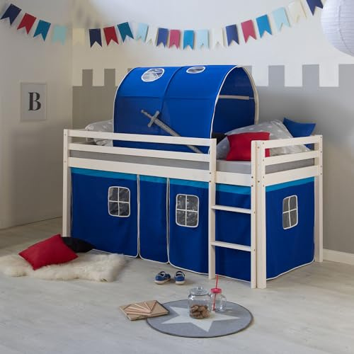 Homestyle4u Kinderbett 90x200 Weiß Blau Hochbett mit Treppe & Lattenrost | Massives Kiefernholz Jugendbett inklusive Vorhang und Tunnel aus Baumwolle sowie Absturzsicherung für Jungen und Mädchen