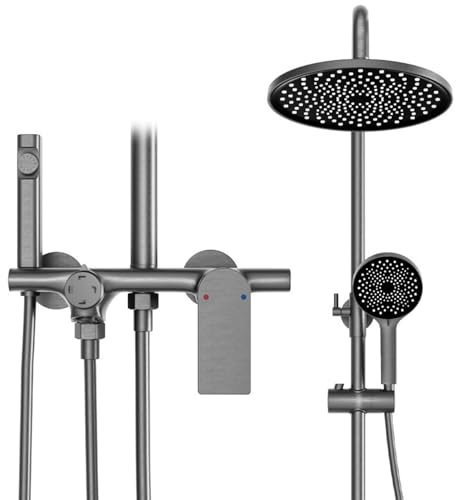BiaoTeng Colonne de Douche Avec Mitigeur pour Baignoire Gris, Douchette a main 3 Modes, Monocommande Avec Flexible de Douche de 1, 5 M Systeme Douche Murale, Gris
