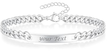 TOLOWOBK Personalised Mens Bracelets Cuban Chain Custom Bracelet Silver | Stainless Steel Engraved Name Code Medical ID Bracelet Christmas Birthday Gifts for Him Dad Son Grandson Husband Boyfriend