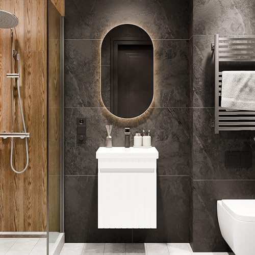 Planetmöbel Cosmia Badmöbel Set Waschbecken mit Unterschrank | 50 x 60 x 35 cm Weiß, Armatur Badezimmer schwarz, Keramik Waschtisch mit Schublade