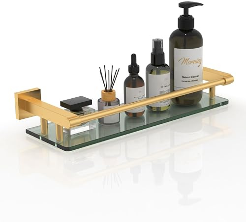 SFGSOWOR Glass Shelf for Bathroom Rectangular Stainless Steel Tempered Glass Modern Stainless Steel Wall Mount Shelf (Brushed Gold, 16‘’ with Railing)