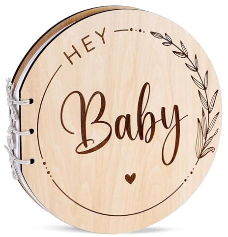 Libro Visitas Baby Shower, Libro de Invitados para Baby Shower, Libro Invitados con Tapa de Madera, Libro Firmas Bautizo, Libro Recuerdos Bebe, Redondo, con 35PCS Papel en Blanco (A)