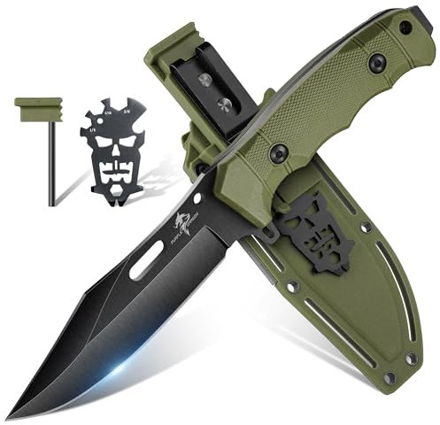 Purple Dragon Grünes Outdoor Messer mit Kydex Scheide, Full Tang Outdoor Messer Feststehend aus einem Stück D2 Stahl, Survival Messer für Bushcraft Camping Geschenke für Männer