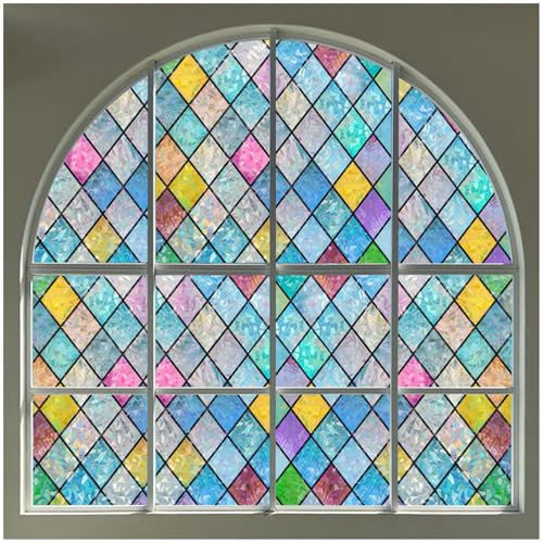 rabbitgoo Stained Glass Window Film Privacy Film for Glass Windows Static Cling, Rainbow Stickers UV Glare Blocking, Decorative Coverings Decals Lattice for Home, Multicolor, 44.5x200 cm