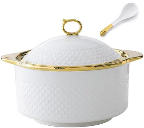 KRODEAIR Sopera con Tapa de Vidrio y Cuchara, Cuenco de cerámica de Gran Capacidad para Servir Sopa, Cuencos de Porcelana con Borde Dorado para Servir Sopa con Tapa, Cuenco Redondo Blanco,A