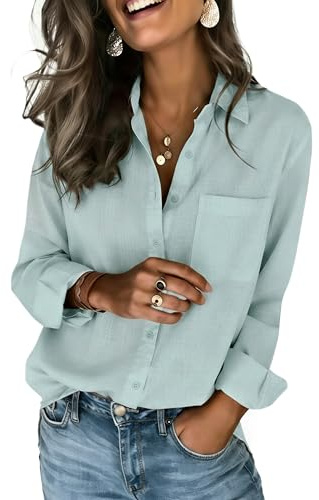 Zeagoo Green Shirt Women Cotton Button Down Blouses Long Sleeve Cute Camp Top Light Green