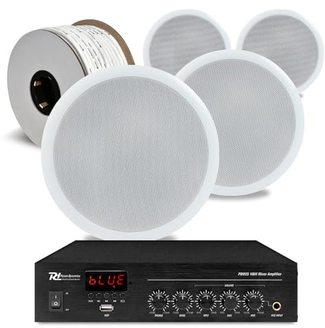 Power Dynamics 4x PD CSPB5 100V Line Ceiling Speaker Kit with Bluetooth PDM25 Amplifier, 50m Cable - Ideal 100V Line Speaker Sound System for Cafe or Small Office Music System
