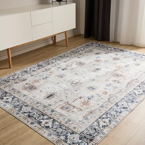 benuta Basic Waschbarer Teppich George - Creme/Grau 200x300 cm - Kunstfaser - Rechteckig & im Style: Vintage, Elegant, Retro - Pflegeleicht für Wohnzimmer Schlafzimmer