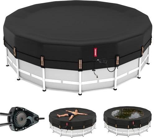 QH.HOME Winter Round Pool Cover for 15 Ft Bestway/Intex/Coleman Frame Above Ground Pool, [Excellent Windproof ] with Fast Tightening Patented Ratchet& Weight-Bearing Rings,Cold and UV Resistant