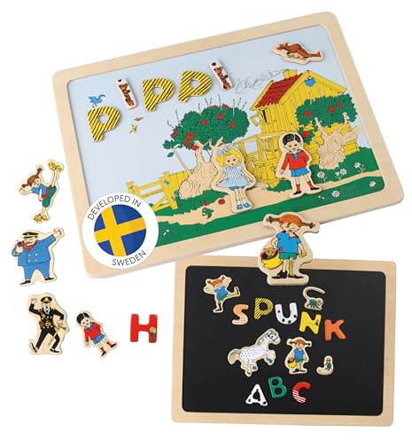 PIPPI LANGSTRUMPF Magnettafel Kinder mit Buchstaben und Zahlen, doppelseitige Magnet Tafel Kind aus Holz, Lernspiele ab 3 Jahre, Holzpuzzle zum Lernen und Spielen, offiziell lizenziert aus Schweden