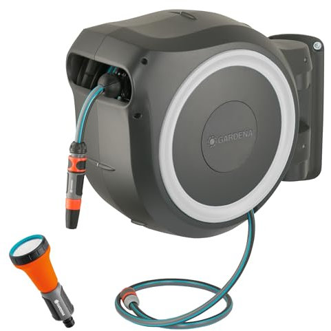 GARDENA Wand-Schlauchbox RollUp M-L (weiß) 25 m, flexible Bewässerung für mittelgroße bis große Gärten, Schwenkbare Schlauchbox, inklusive 25 m Gardena Qualitätschlauch und Montagehilfe (18622-60)