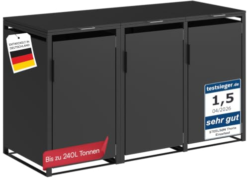 STEELSØN Thoria Mülltonnenbox 3er bis 240 L, aus Stahl, Graphitschwarz | Müllcontainer für 3 Tonnen, hochwertige Mülltonnenverkleidung wetterfest & UV-beständig, Müllbox/ Gerätebox für Outdoor