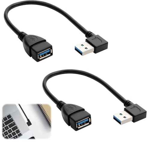 NGUIT 2 Pack SuperSpeed USB 3.0 Extension Cable 90 Degree Right Angle Male to Female Adapter Extender Cord Convertor Short Right Angle Cable for PC Laptop TV PS4 USB Hubs, 20CM/8IN