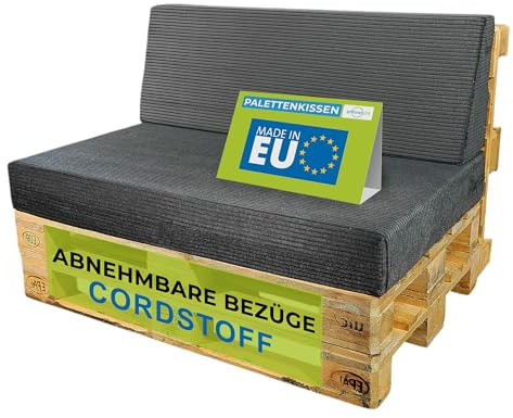 Pillows24 Palettenkissen 2er Set aus Cord, Abnehmbarer Bezug | Sitzkissen & Rückenkissen für Europaletten 120x80, Weiche Palettenauflage für Haus, Garten, Balkon, Made in EU, Graphit