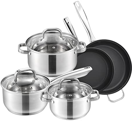 Stainless Steel Cookware Set 8 Piece ty Induction Pan Set Nonstick Skillet Casserole with Glass Lid