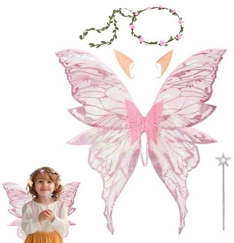 MeYuxg Feenflügel Erwachsene,Feenflügel Kinder mit Elfenohren Blumenkranz Zauberstab Flügel,Feenflügel Kinder für Karneval Halloween Rollenspiele Comic Con Themed Party(Rosa)