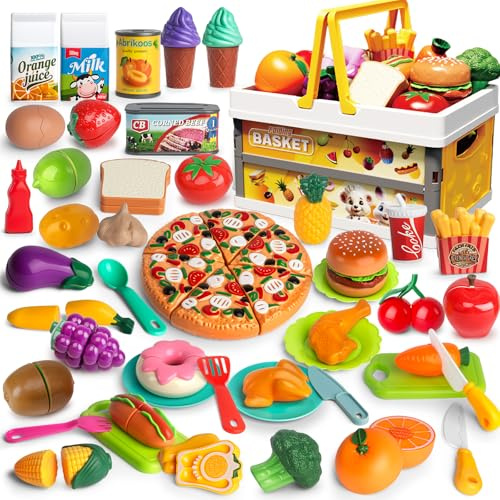 BunnyJOY Toy Food Set for Kids, Toy Kitchen Accessories, Play Foods for Children, Cutting Plastic Fruit & Vegetables with Folding Basket, Pretend Play Kitchen Toys Gift for Girls & Boys Ages 3-8