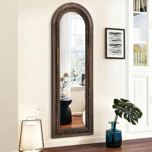 MWAZZLL Mirror Full Length with Retro Beaded Wooden Framed Arched Large Decorative Floor Mirrors 120x40cm for Bedroom Living Room Entryway Bathroom Hallway