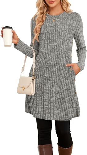 SENBATU Vestido de Invierno para Mujer Estilo Jersey de Punto túnica de Manga Larga con Bolsillos y Botones Laterales para Leggings(Gris,Small)