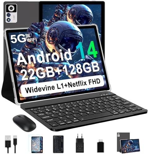 ZIOVO Android 14 Tablet 10 Pulgadas, 22 GBRAM+128 GB ROM (1 TB TF), Widevine L1/Octa-Core/2.0GHz/5G WiFi/8000mAh, Tableta táctil con Teclado y ratón-Negro