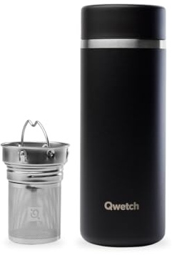 Qwetch - Théière Isotherme Nomade 400ml - Infuseur avec 2 Filtres - 12h Chaud / 24h Froid - Étanche, Réutilisable & Durable - Pour Thé, Café, Tisane, Fruits (Noir)