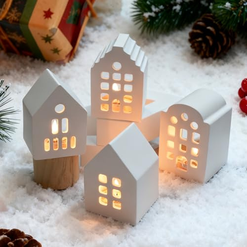KKSJK Teelichthalter Weihnachten, 4er Set Kerzenhalter Häuser mit Teelichter, Weiß Kerzenständer Haus aus Gips, Lichthaus Weihnachten Teelichthalter Geschenk für Tischdeko Weihnachtsdeko Innen Deko