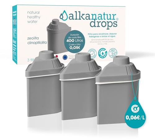 Pack 3 Filtros Zeolita de Agua Alkanatur Drops – Depuración + Alcalinización + Hidrogenación – Elimina Cloro Metales Pesados y Microplásticos – Añade Magnesio – Libres de Tóxicos | ALKANATUR
