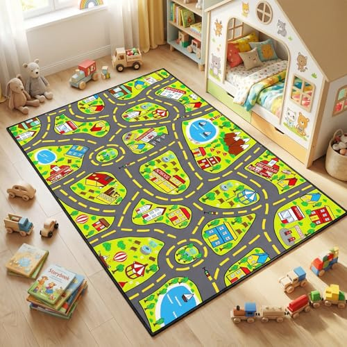 Car Rug Play Mat 3x5 Feet, Car Road Rug for Kids City Road Map Carpet Educational Learning Play Carpet Kids Play Rugs for Playroom Classroom Bedroom